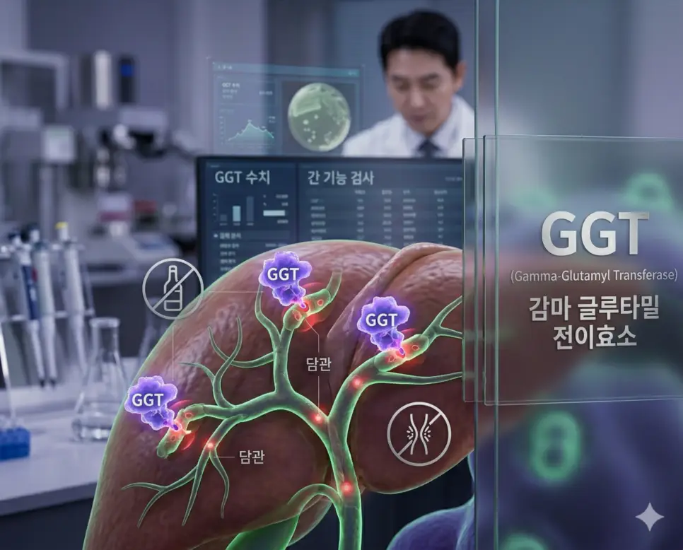 의학용어 GFR, GGT, GH 완벽 가이드 2 의학용어 GGT(감마 글루타밀 전이효소)가 주로 간과 담관 세포에 존재하며, 혈액 내 수치 변화를 통해 담관 폐쇄나 음주 여부를 파악하는 병태생리 기전 시각화 이미지