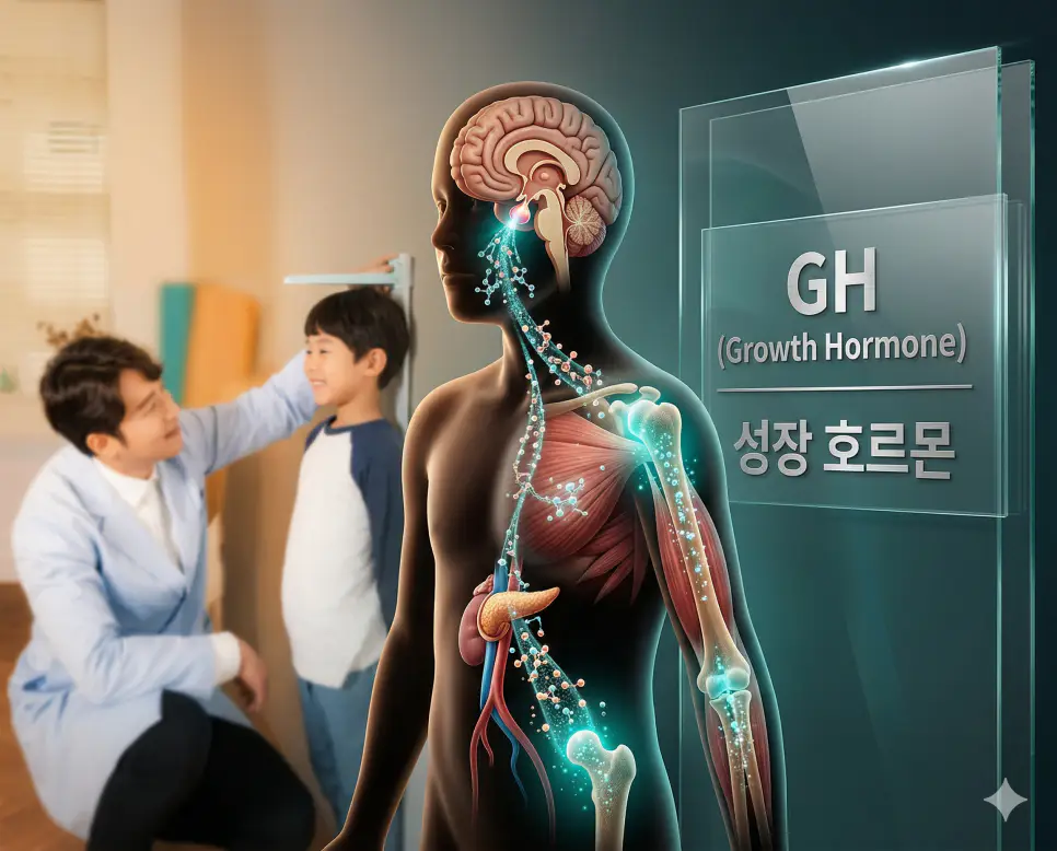 의학용어 GFR, GGT, GH 완벽 가이드 3 의학용어 GH(성장 호르몬)가 뇌하수체 전엽에서 분비되어 혈액을 통해 전신으로 이동하며 뼈와 근육의 성장을 촉진하고 대사를 조절하는 과정을 보여주는 시각화 이미지