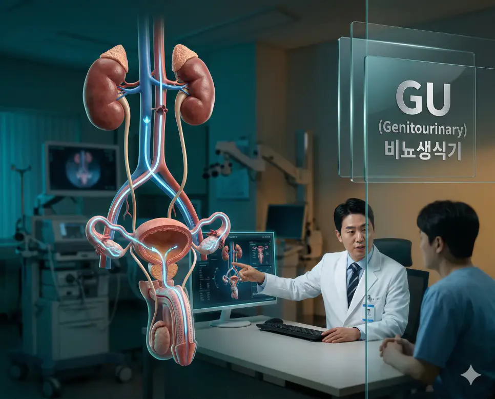 의학용어 GU, Gyn, H/O 완벽 가이드 1 의학용어 GU(비뇨생식기)로 인해 소변을 배설하는 비뇨기계와 생식을 담당하는 생식기계의 구조와 기능을 시각화한 해부학적 임상 의료 이미지