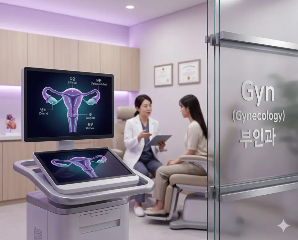 의학용어 GU, Gyn, H/O 완벽 가이드 2 의학용어 Gyn(부인과) 전문의가 여성의 생식기 질환과 전반적인 여성 건강 관리를 위해 정밀 진단 및 상담을 시행하는 과정을 시각화한 이미지