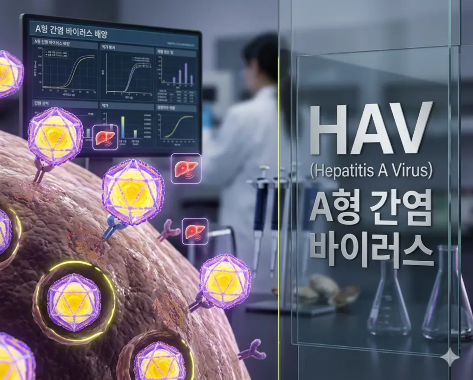 의학용어 H&P, HAV, HBV 완벽 가이드 2 의학용어 HAV(A형 간염 바이러스)가 주로 오염된 음식이나 물을 통해 감염되어 인체 내 간세포를 공격하고 급성 간염을 유발하는 병태생리 기전 시각화 이미지