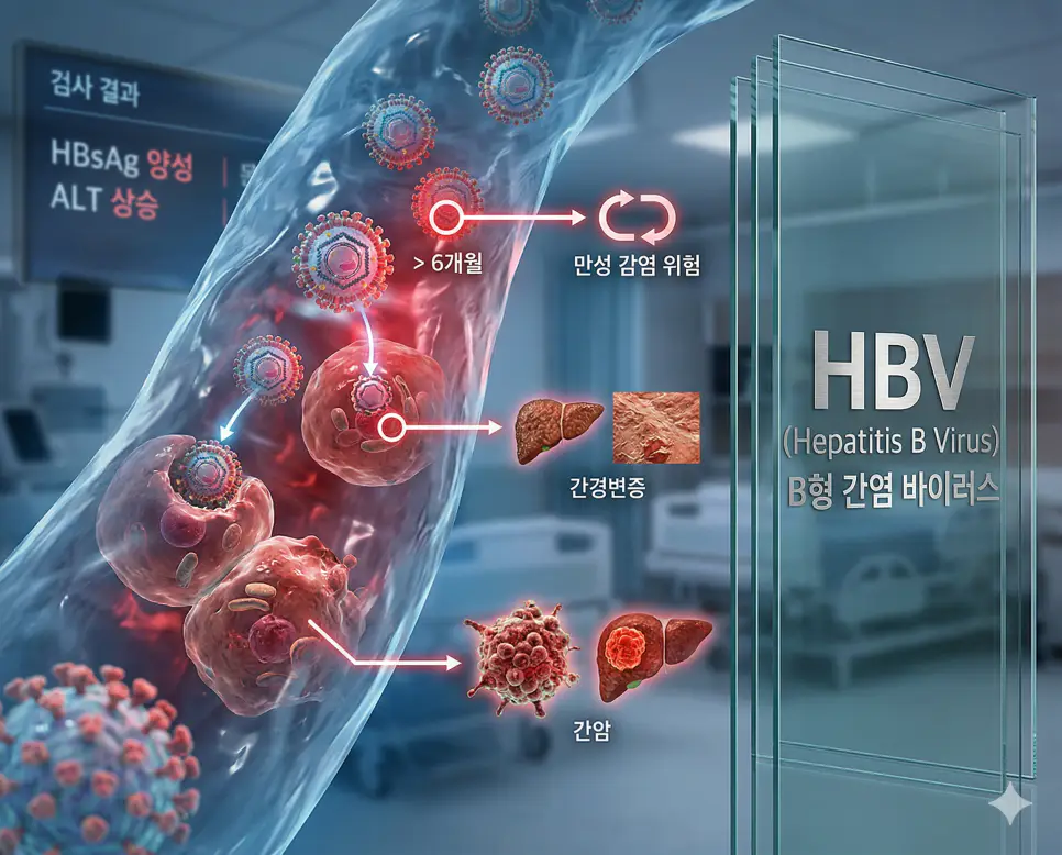 의학용어 H&P, HAV, HBV 완벽 가이드 3 의학용어 HBV(B형 간염 바이러스)가 혈액이나 체액을 통해 전염되어 만성 간염으로 진행되고, 간경변 및 간암 발생 위험을 높이는 과정을 보여주는 해부학적 의료 이미지