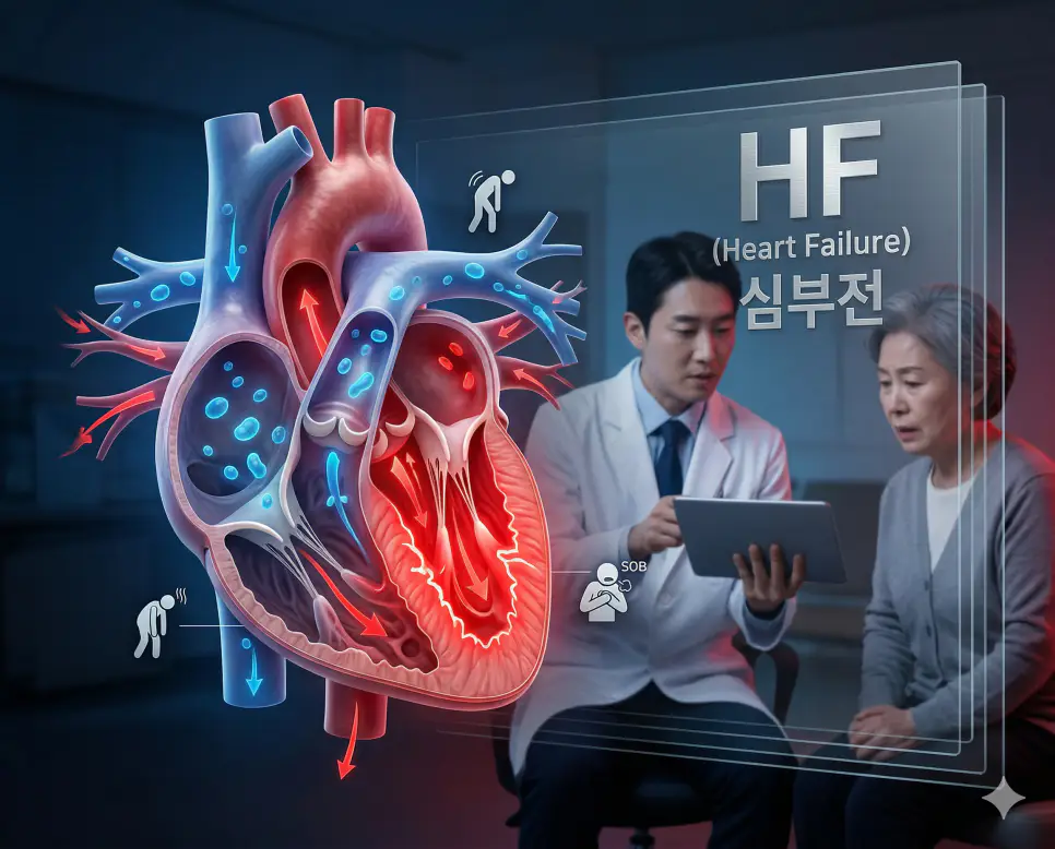 의학용어 HDL, HGB, HF 완벽 가이드 3 의학용어 HF(심부전)로 인해 심장의 펌프 기능이 저하되어 전신조직에 필요한 혈액을 충분히 공급하지 못하고 체액 저류와 같은 병태생리 기전 시각화 이미지