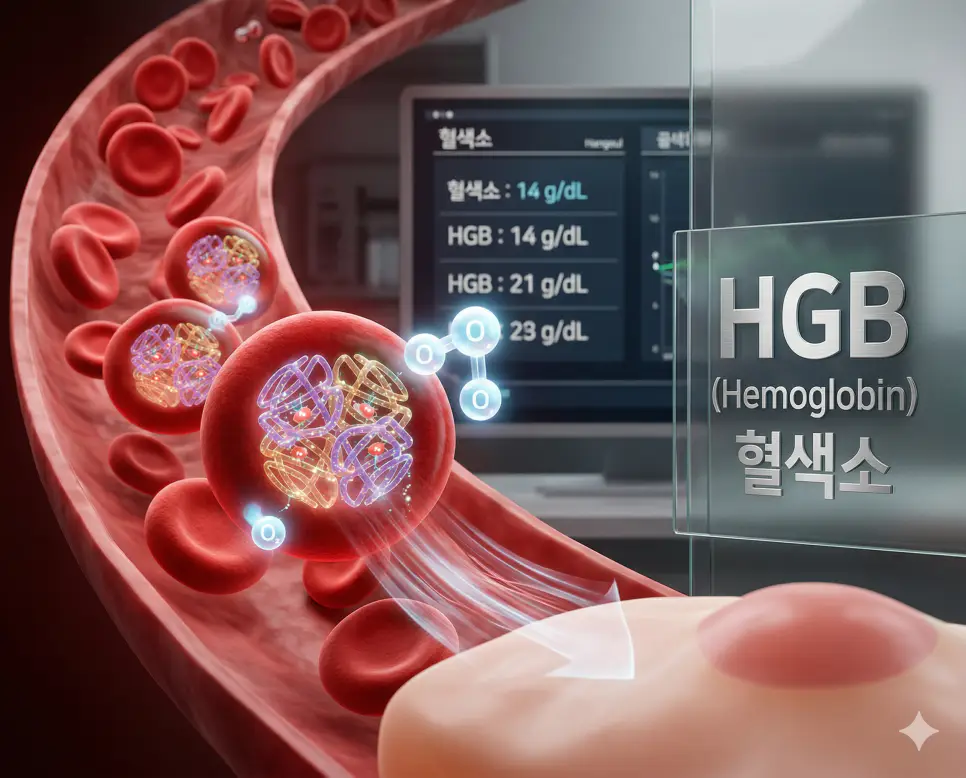 의학용어 HDL, HGB, HF 완벽 가이드 2 의학용어 HGB(혈색소) 검사를 통해 적혈구 내 헤모글로빈 단백질의 산소 운반 기능을 분석하고 전신 조직으로 산소를 공급하는 과정을 보여주는 시각화 이미지