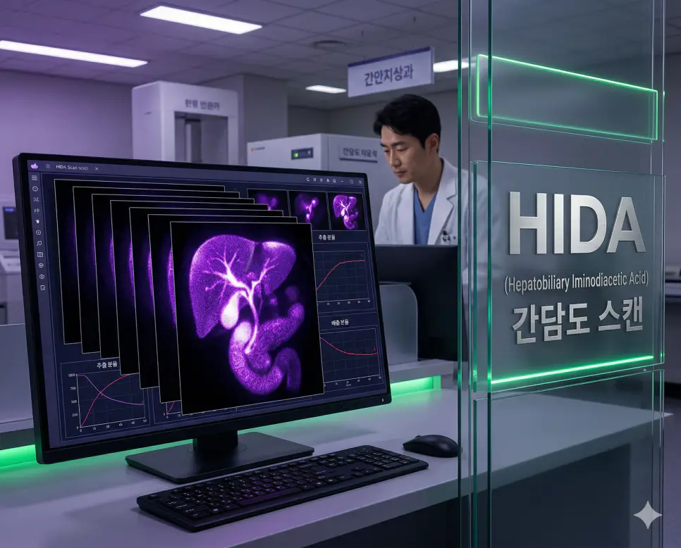 의학용어 HFNC, HIDA, HIV 완벽 가이드 2 의학용어 HIDA(간담도 스캔) 검사를 위해 방사성 의약품을 투여하고 감마 카메라 영상을 통해 간, 담낭, 담관의 기능과 담즙의 흐름을 정밀 평가하는 이미지