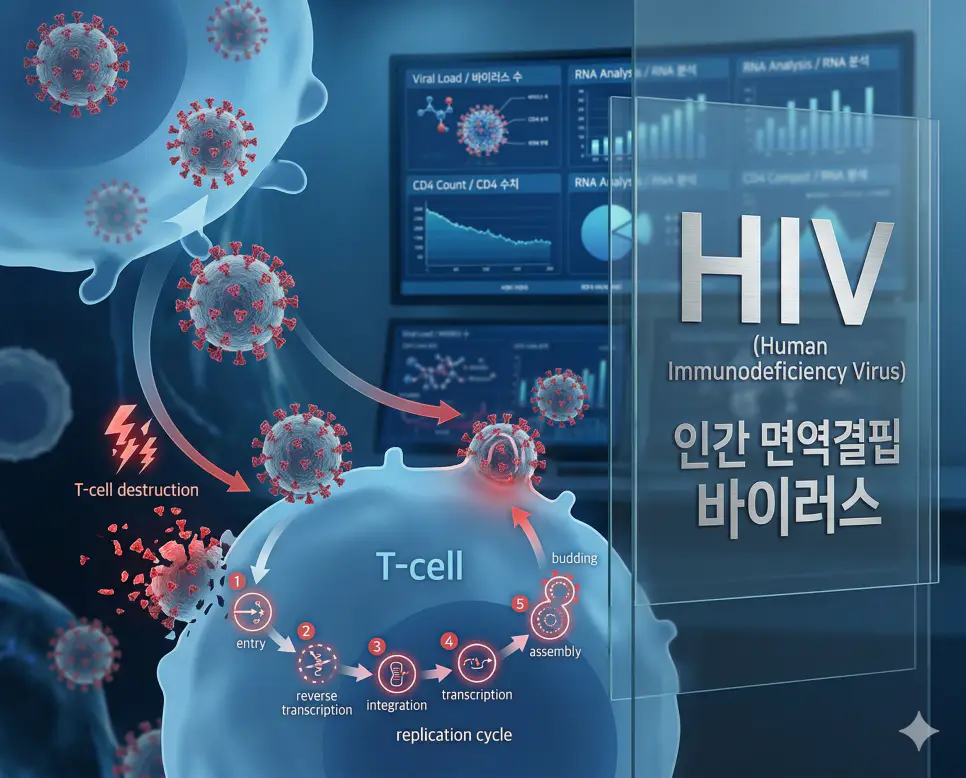 의학용어 HFNC, HIDA, HIV 완벽 가이드 3 의학용어 HIV(인간 면역결핍 바이러스)가 혈액 내 면역 세포를 파괴하여 인체의 면역 체계를 손상시키고 에이즈(AIDS)를 유발하는 병태생리 기전 시각화 이미지