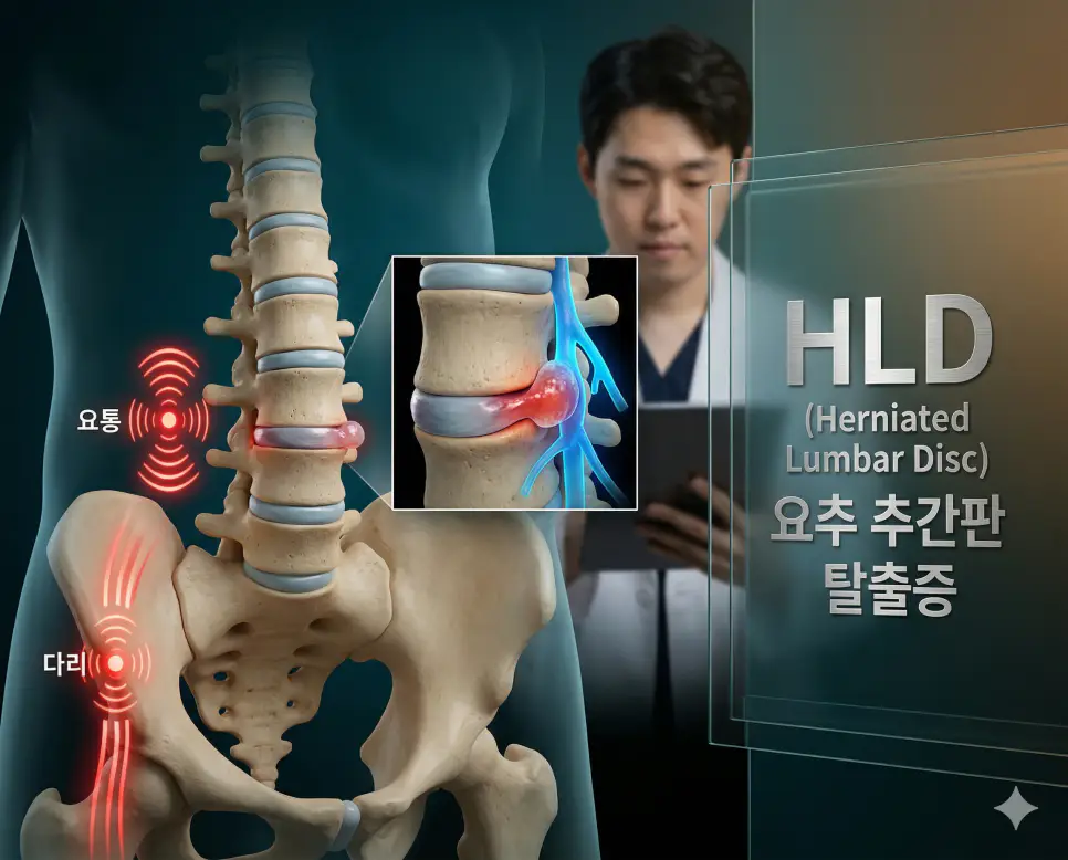 의학용어 HLA, HLD, HR 완벽 가이드 2 의학용어 HLD(요추 추간판 탈출증)로 인해 허리뼈 사이의 디스크가 탈출하여 척수 신경근 L4-L5를 압박하고 요통 및 다리 저림을 유발하는 병태생리 기전 시각화 이미지