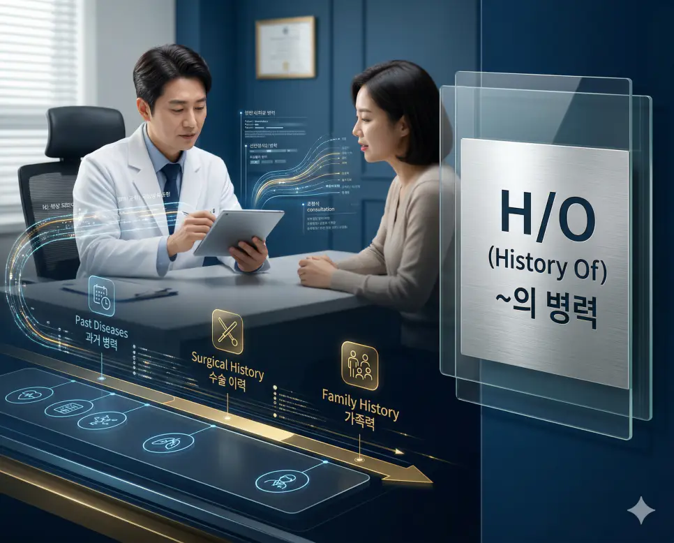 의학용어 GU, Gyn, H/O 완벽 가이드 3 의학용어 H/O(~의 병력)를 파악하기 위해 환자가 과거에 앓았던 질환, 수술 경험 등 의학적 과거력을 디지털 차트로 분석하는 과정을 시각화한 이미지