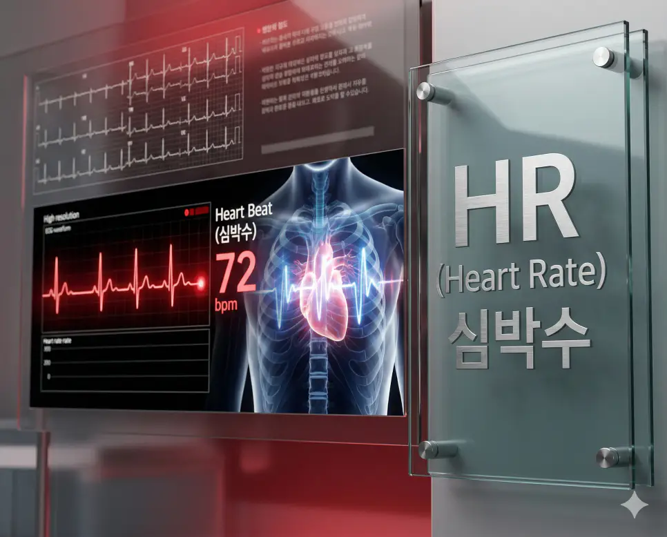 의학용어 HLA, HLD, HR 완벽 가이드 3 의학용어 HR(심박수) 모니터를 통해 1분 동안 심장이 고유하게 박동하는 횟수를 실시간 ECG 파형과 함께 시각화하여 순환기 건강 상태를 보여주는 이미지