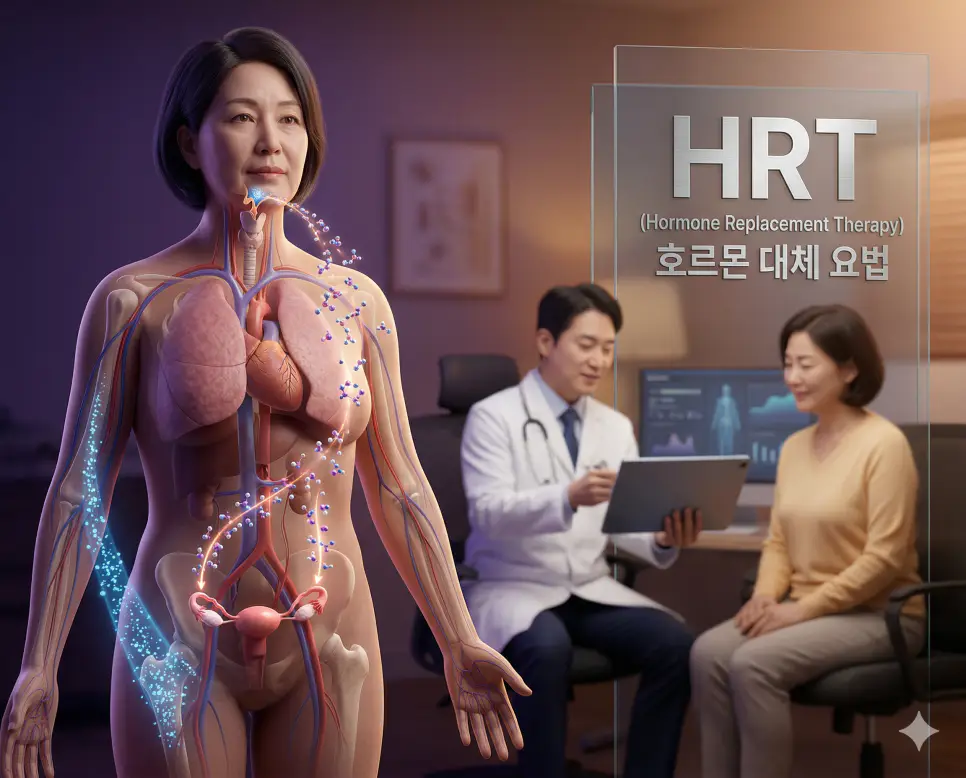 의학용어 HRT, HS, HSIL 완벽 가이드 1 의학용어 HRT(호르몬 대체 요법)를 통해 폐경으로 감소한 여성 호르몬을 외부에서 보충하여 전신으로 이동시키고 갱년기 증상 완화 및 골다공증을 예방하는 병태생리 기전 시각화 이미지