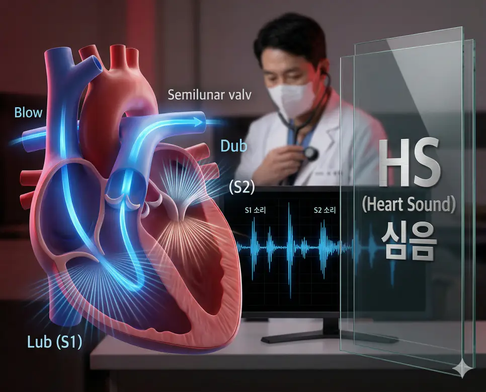 의학용어 HRT, HS, HSIL 완벽 가이드 2 의학용어 HS(심음) 모니터를 통해 심장의 판막이 닫히고 혈류가 이동하면서 발생하는 소리(Lub, Dub)를 실시간 ECG 파형과 함께 시각화하여 심장 건강 상태를 보여주는 이미지