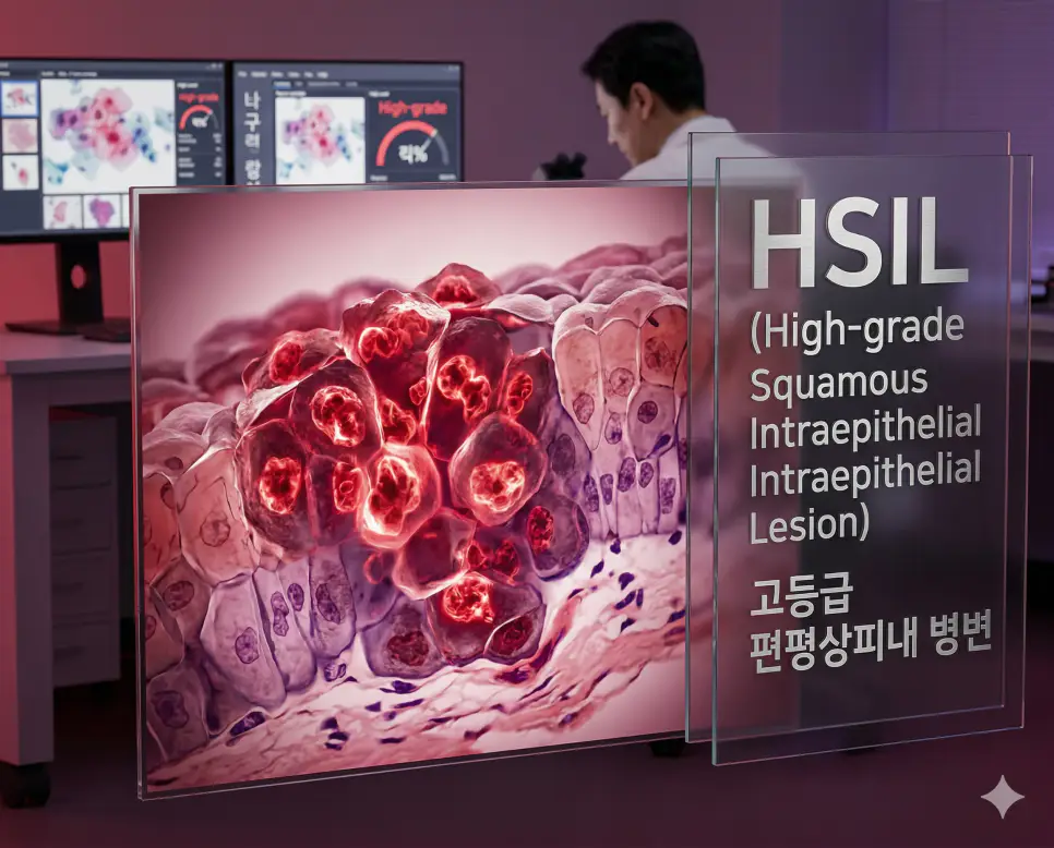 의학용어 HRT, HS, HSIL 완벽 가이드 3 의학용어 HSIL(고등급 편평상피내 병변) 검사를 통해 자궁경부암 검사에서 발견되는 고등급 이형성 세포의 세포학적 특징과 암 전단계 상태를 현미경적으로 시각화한 이미지