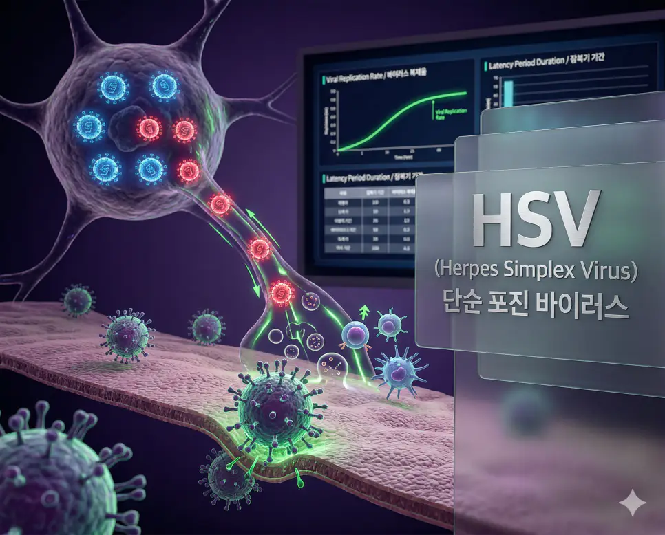 의학용어 HSV, HTN, HTO 완벽 가이드 1 의학용어 HSV(단순 포진 바이러스)가 피부와 점막 세포에 감염되어 수포를 형성하고 신경절에 잠복해 있다가 면역력 저하 시 재발하는 병태생리 기전 시각화 이미지