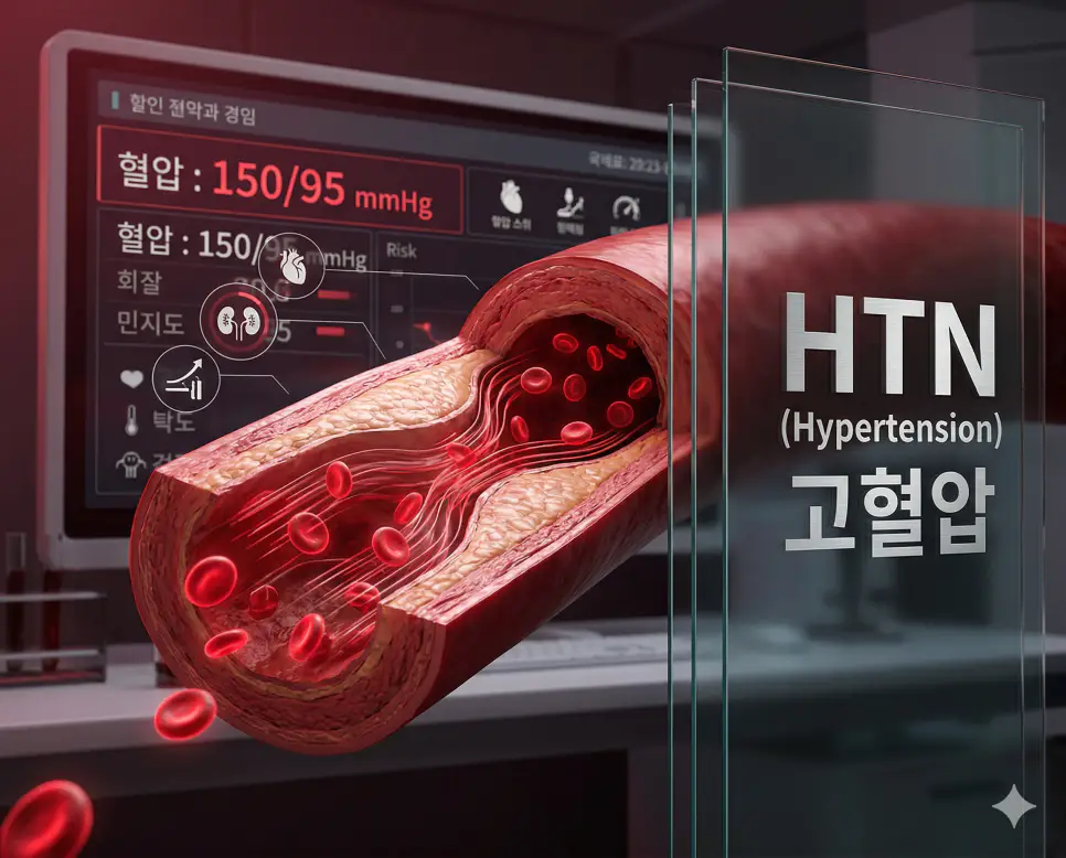 의학용어 HSV, HTN, HTO 완벽 가이드 2 의학용어 HTN(고혈압)으로 인해 혈관 벽에 높은 압력이 지속적으로 가해져 혈관이 비후되고 단단해지며 심뇌혈관 질환 위험을 높이는 과정을 보여주는 시각화 이미지