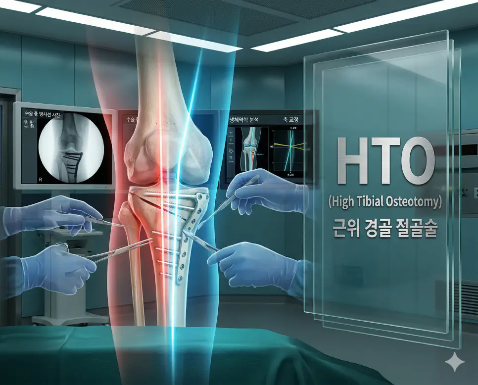 의학용어 HSV, HTN, HTO 완벽 가이드 3 의학용어 HTO(근위 경골 절골술)를 통해 무릎 아래 정강이뼈 L-spine을 교정하여 다리 축을 이동시키고 퇴행성 관절염의 진행을 막는 수술 기전 시각화 이미지