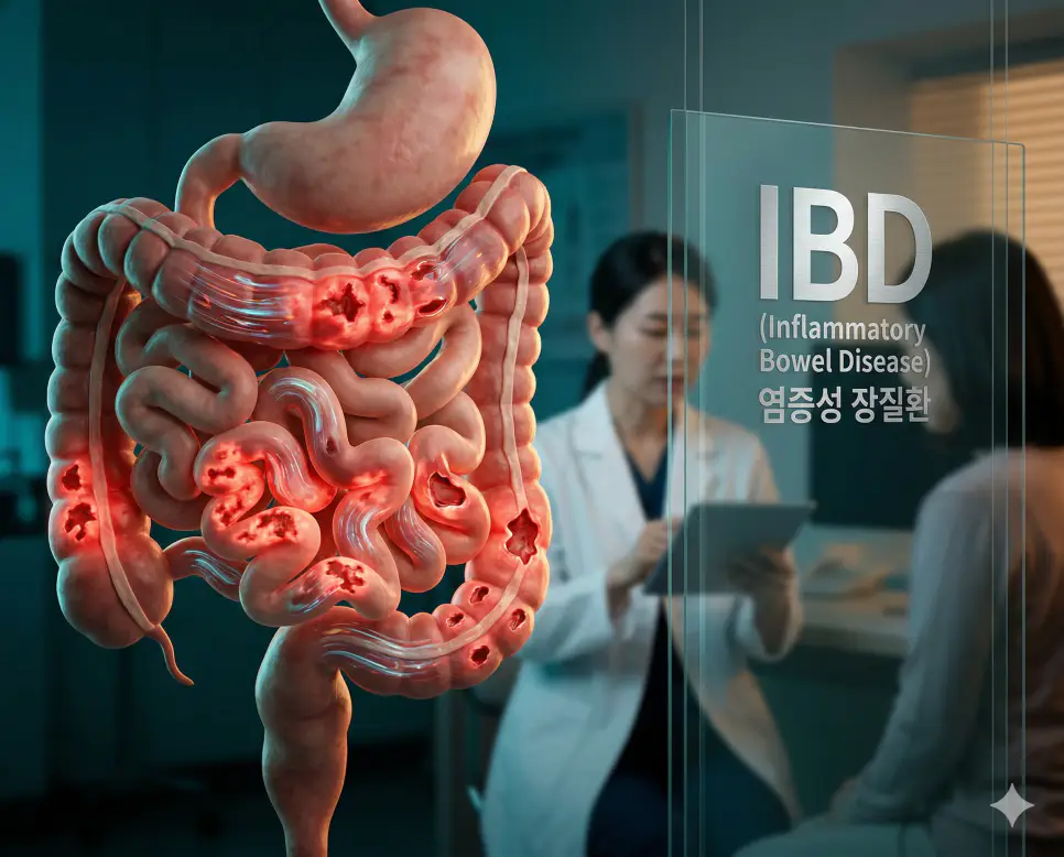 의학용어 IBD, ICD, ICP 완벽 가이드 1 의학용어 IBD(염증성 장질환)로 인해 소장과 대장 내벽에 만성적인 염증과 궤양이 발생하여 장 건강에 영향을 미치는 병태생리 기전 시각화 이미지