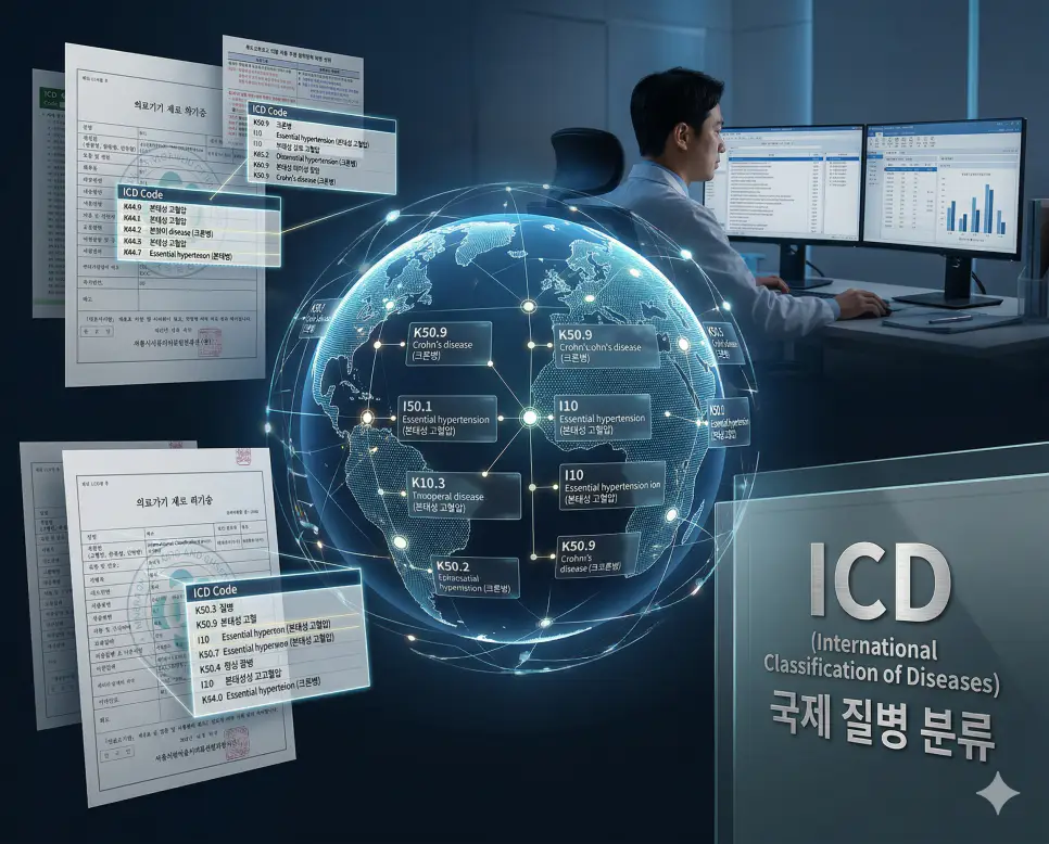 의학용어 IBD, ICD, ICP 완벽 가이드 2 의학용어 ICD(국제 질병 분류) 체계를 통해 전 세계적으로 질병, 증상, 이상 소견을 표준화된 알파벳과 숫자 코드로 분류하고 관리하는 데이터 시각화 이미지