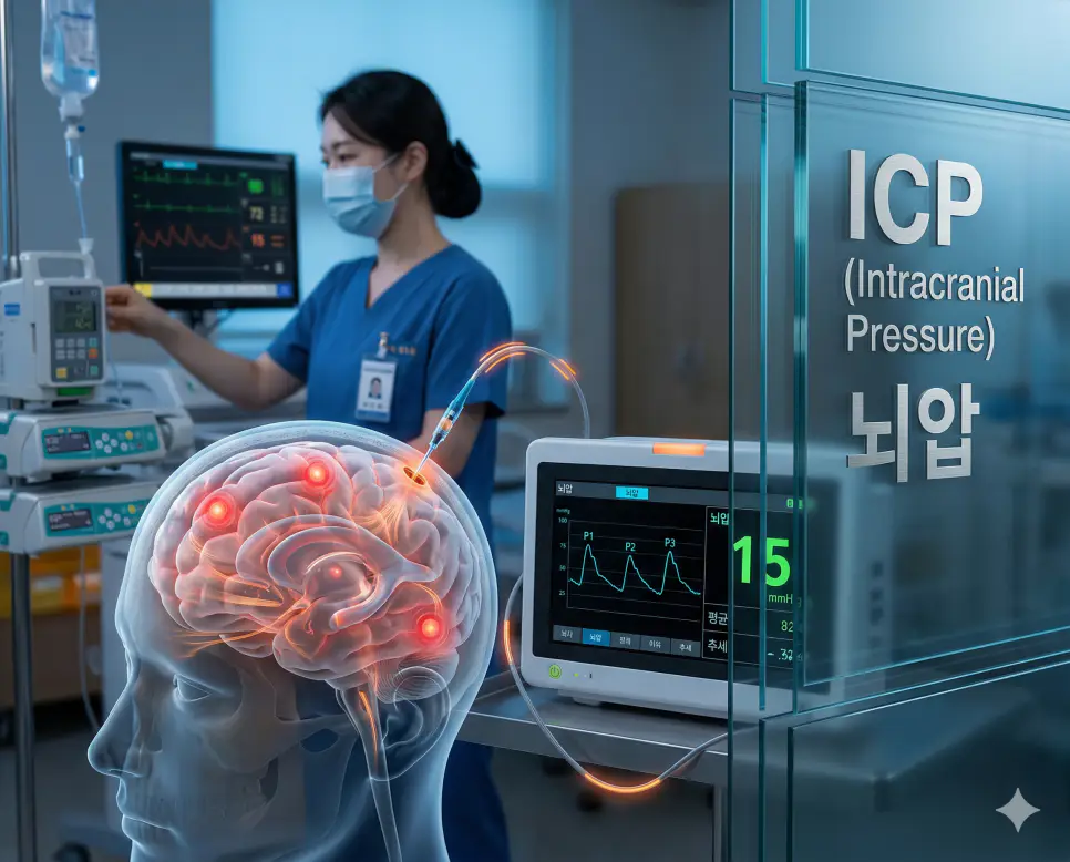 의학용어 IBD, ICD, ICP 완벽 가이드 3 의학용어 ICP(뇌압) 모니터를 통해 두개 내 압력 수치와 실시간 파형을 측정하여 뇌부종이나 뇌압 상승 여부를 정밀 관리하는 임상 의료 이미지