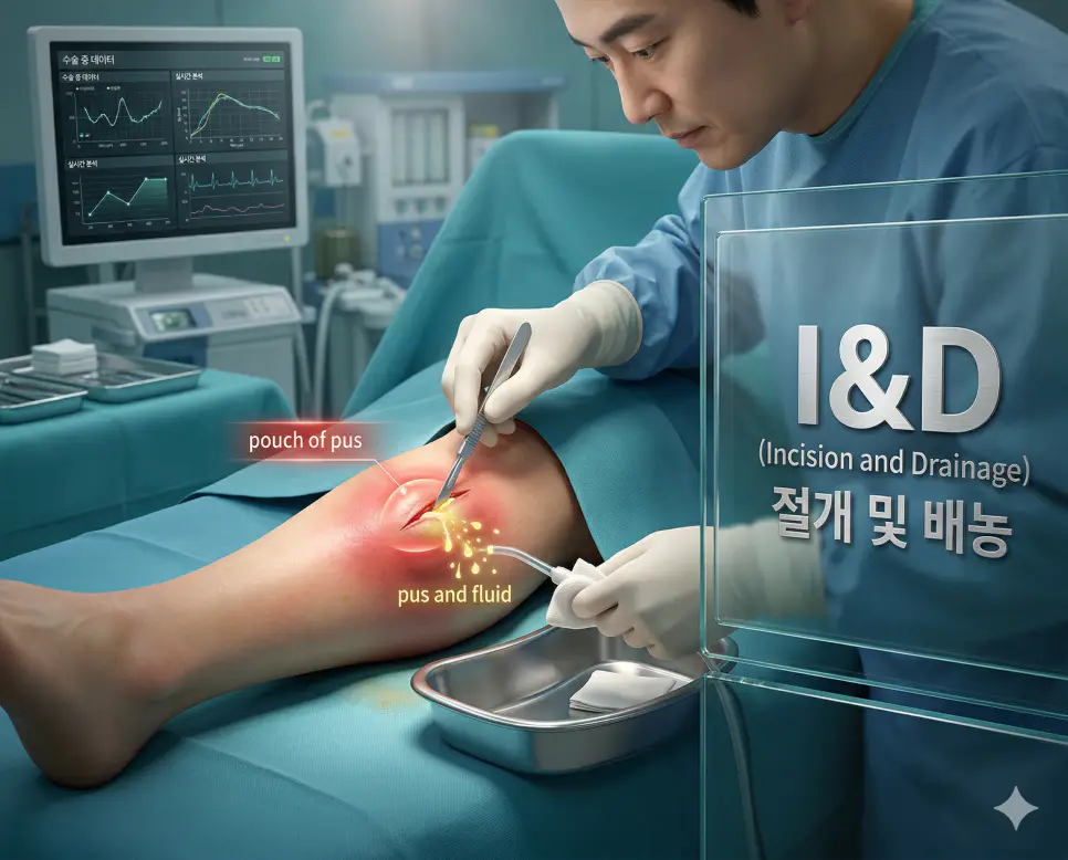 의학용어 I&D(절개 및 배농)를 위해 수술실에서 의사가 농양 부위를 메스로 절개하여 고름과 액체를 배출시키는 수술적 처치 과정을 시각화한 이미지