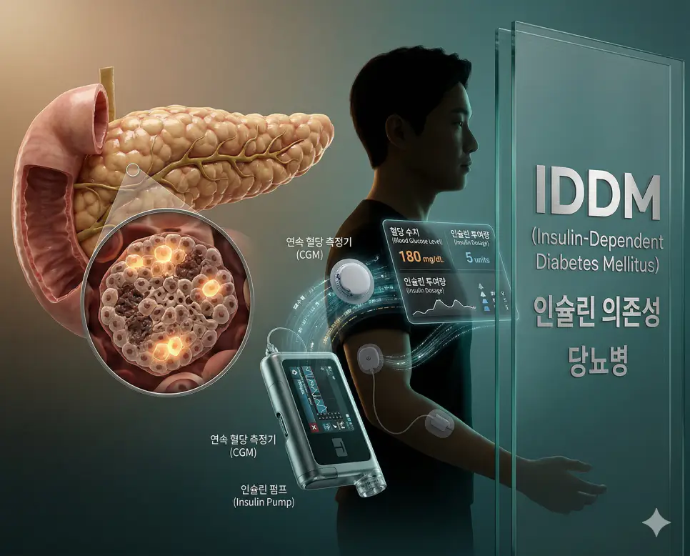 의학용어 ICU, IDDM, IHD 완벽 가이드 2 의학용어 IDDM(인슐린 의존성 당뇨병)으로 인해 췌장에서 인슐린 분비가 거의 되지 않는 상태를 분석하고 인슐린 펌프 등 외부 보충 장치를 통해 관리하는 병태생리 기전 이미지