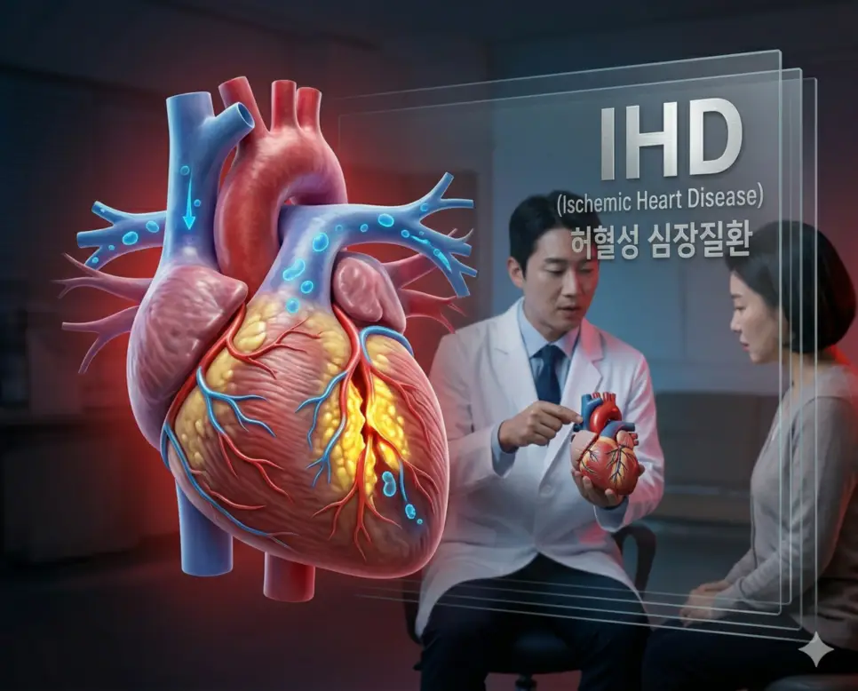 의학용어 ICU, IDDM, IHD 완벽 가이드 3 의학용어 IHD(허혈성 심장질환)로 인해 심장 근육에 혈액을 공급하는 관상동맥이 좁아지거나 막혀서 산소 공급이 부족해지는 과정과 심장 근육의 상태를 보여주는 해부학적 이미지