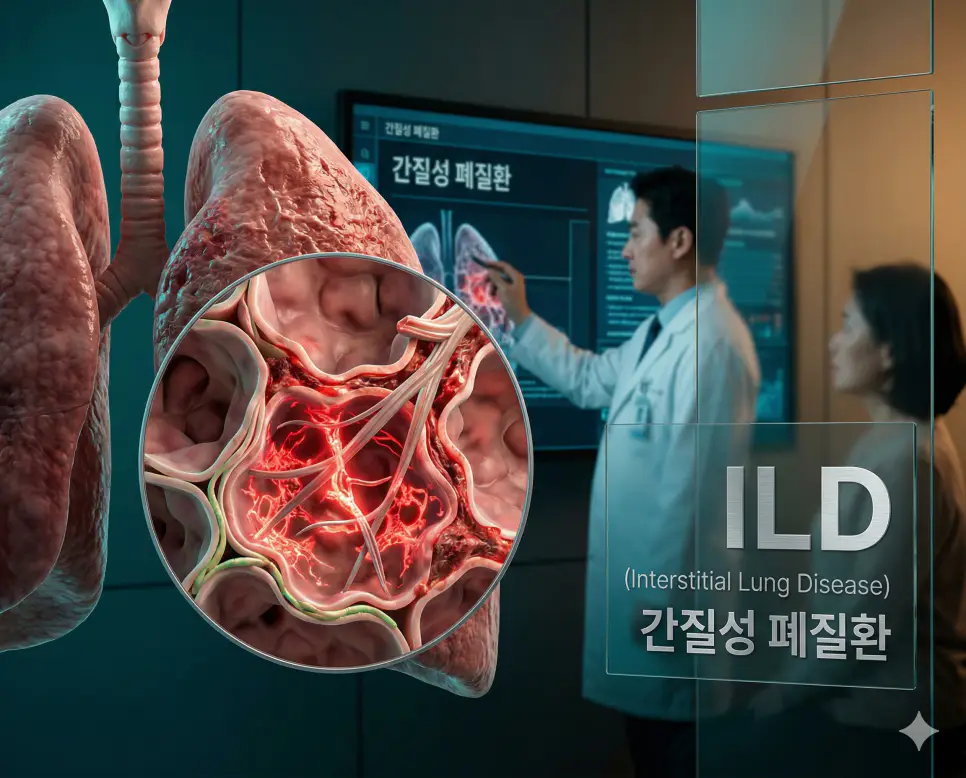 의학용어 ILD, IM, INR 완벽 가이드 1 의학용어 ILD(간질성 폐질환)로 인해 폐포 벽 사이의 간질 조직에 만성적인 염증과 섬유화가 발생하여 폐가 딱딱하게 굳고 기능이 저하되는 병태생리 기전 시각화 이미지