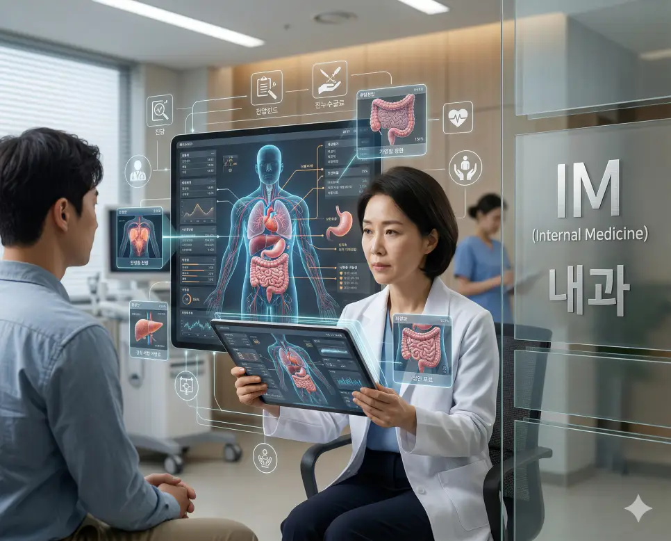 의학용어 ILD, IM, INR 완벽 가이드 2 의학용어 IM(내과) 전문의가 성인의 전신 장기 질환을 진단하고 약물 요법을 통해 비수술적으로 치료하는 종합적인 진료 과정을 시각화한 이미지