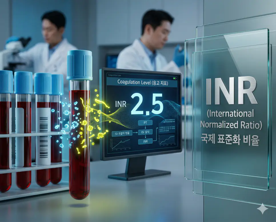의학용어 ILD, IM, INR 완벽 가이드 3 의학용어 INR(국제 표준화 비율) 모니터를 통해 혈액 응고 시간을 측정하는 PT 검사 수치를 표준화하고 혈전 약 복용 환자의 안전성을 확인하는 이미지