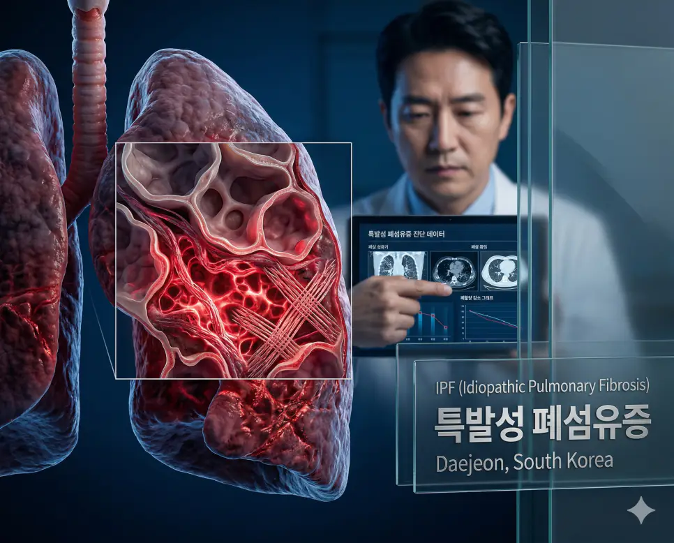 의학용어 IOL, IPF, IPMN 완벽 가이드 2 의학용어 IPF(특발성 폐섬유증)로 인해 폐 조직이 원인 불명으로 만성적인 염증과 섬유화가 진행되어 폐가 딱딱하게 굳고 기능을 상실하는 병태생리 기전 시각화 이미지