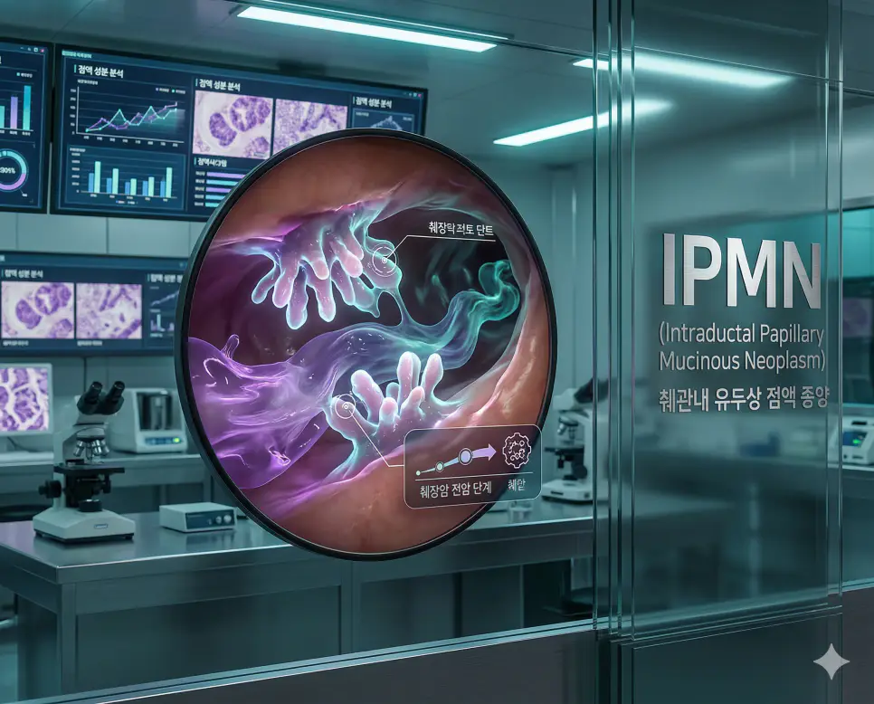 의학용어 IOL, IPF, IPMN 완벽 가이드 3 의학용어 IPMN(췌관내 유두상 점액 종양) 검사를 통해 췌관 내부에서 점액을 분비하는 유두상 종양이 발생하고 췌장암 전암 단계로 진행될 가능성을 보여주는 이미지