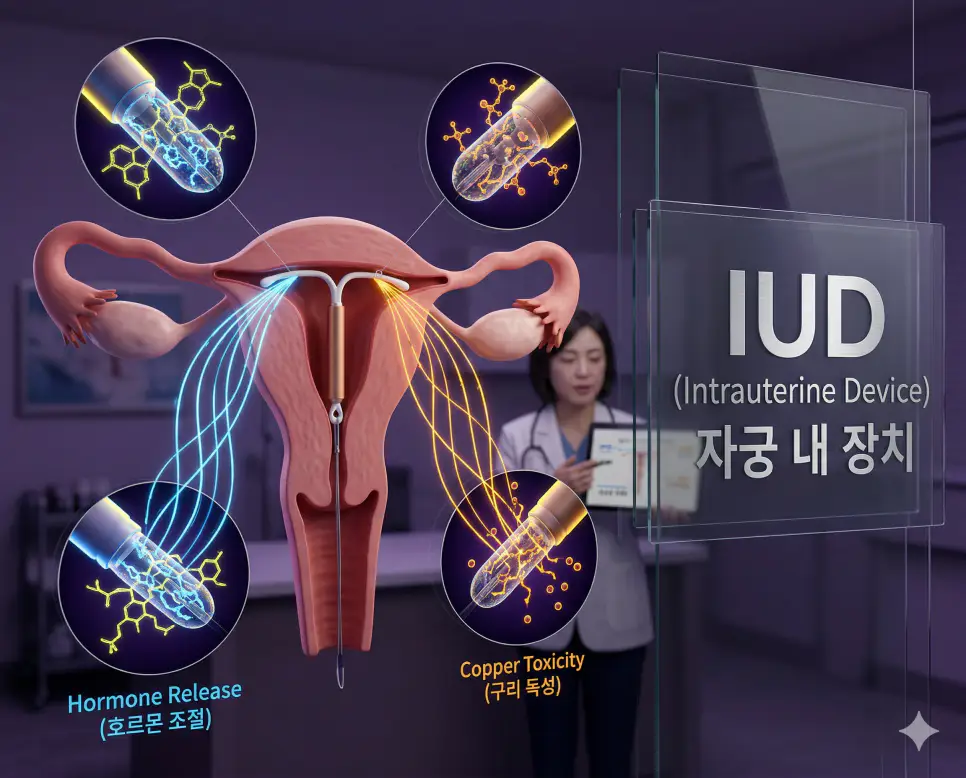 의학용어 IR, IUD, IV 완벽 가이드 2 의학용어 IUD(자궁 내 장치)가 자궁 내부에 정밀하게 삽입되어 호르몬 조절 및 구리 독성 반응을 통해 피임 효과를 유발하는 병태생리 기전 시각화 이미지
