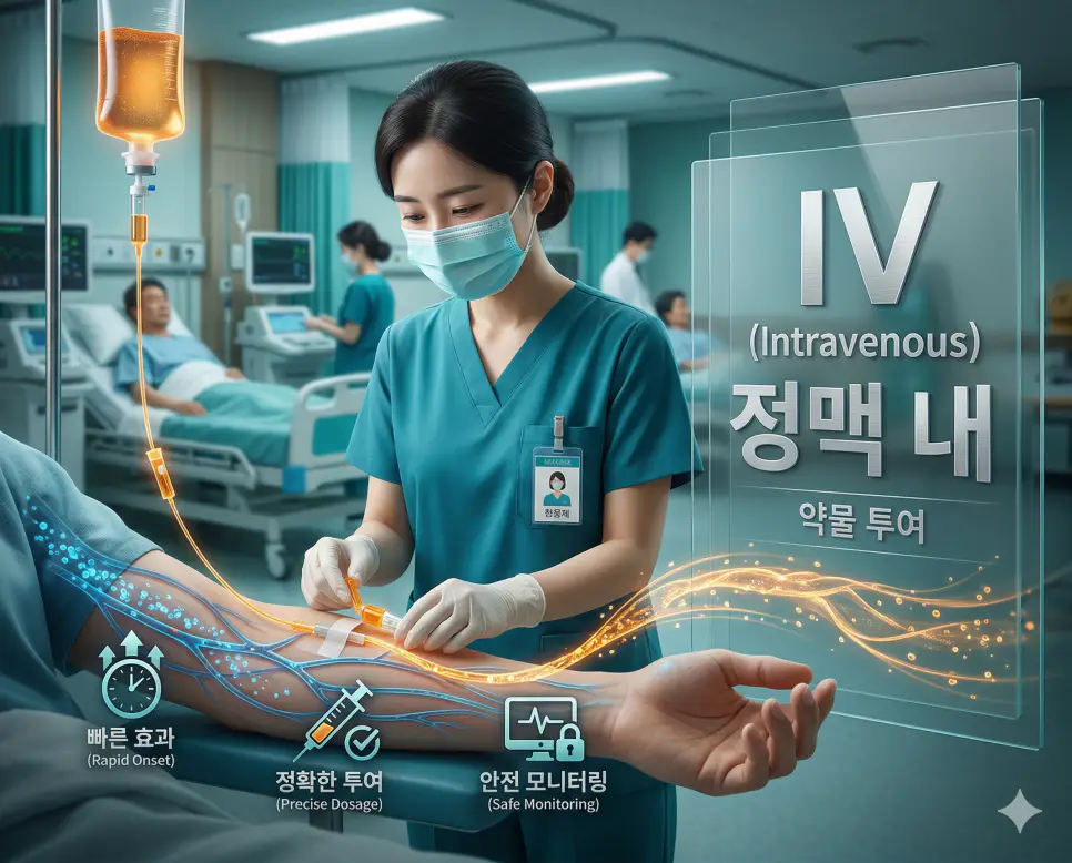 의학용어 IR, IUD, IV 완벽 가이드 3 의학용어 IV(정맥 내) 경로를 통해 정맥 혈관에 삽입된 카테터로 약물을 직접 주입하고 신속한 효과를 유발하는 과정을 보여주는 시각화 이미지