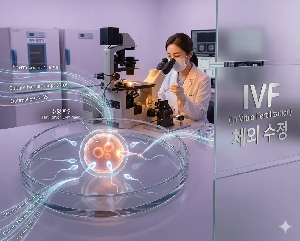 의학용어 IVF(체외 수정)를 위해 연구실에서 난자와 정자를 미세 조작으로 수정시키고 배아를 자궁 내에 이식하여 난임을 치료하는 과정을 시각화한 이미지