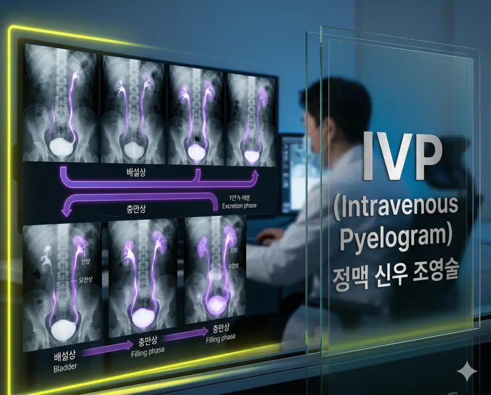 의학용어 IVP(정맥 신우 조영술) 검사를 위해 정맥으로 조영제를 주사하고 X-선 촬영 영상을 통해 신장, 요관, 방광의 해부학적 구조와 기능을 정밀 평가하는 이미지