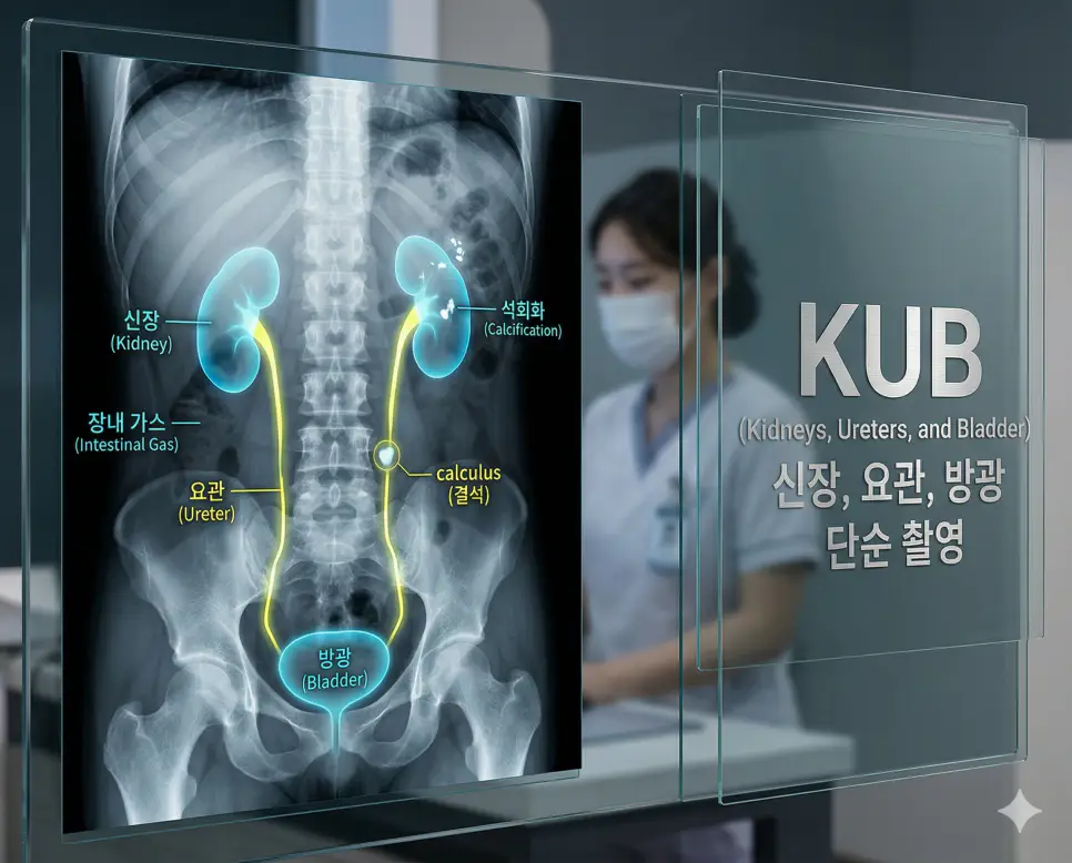 의학용어 KUB(신장, 요관, 방광 단순 촬영) 검사를 위해 복부 단순 X-선 촬영 영상을 통해 비뇨기계의 결석, 석회화 또는 가스 분포를 확인하는 이미지
