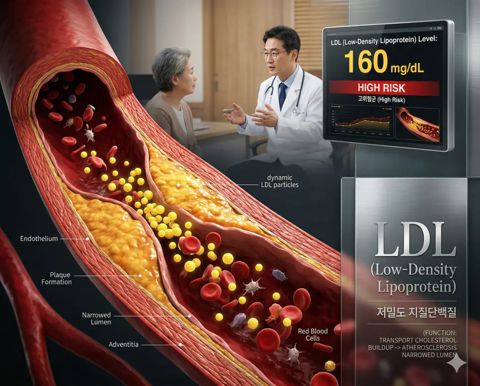 의학용어 LDL(저밀도 지질단백질)이 혈관 내벽에 콜레스테롤을 쌓이게 하여 죽상동맥경화증을 유발하고 혈관을 좁히는 과정을 보여주는 해부학적 이미지