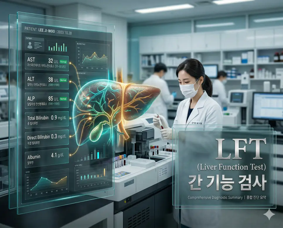 의학용어 LFT(간 기능 검사)를 통해 AST, ALT 등 다양한 효소 수치를 측정하여 간의 건강 상태와 담도계 이상 유무를 종합 진단하는 임상 의료 이미지