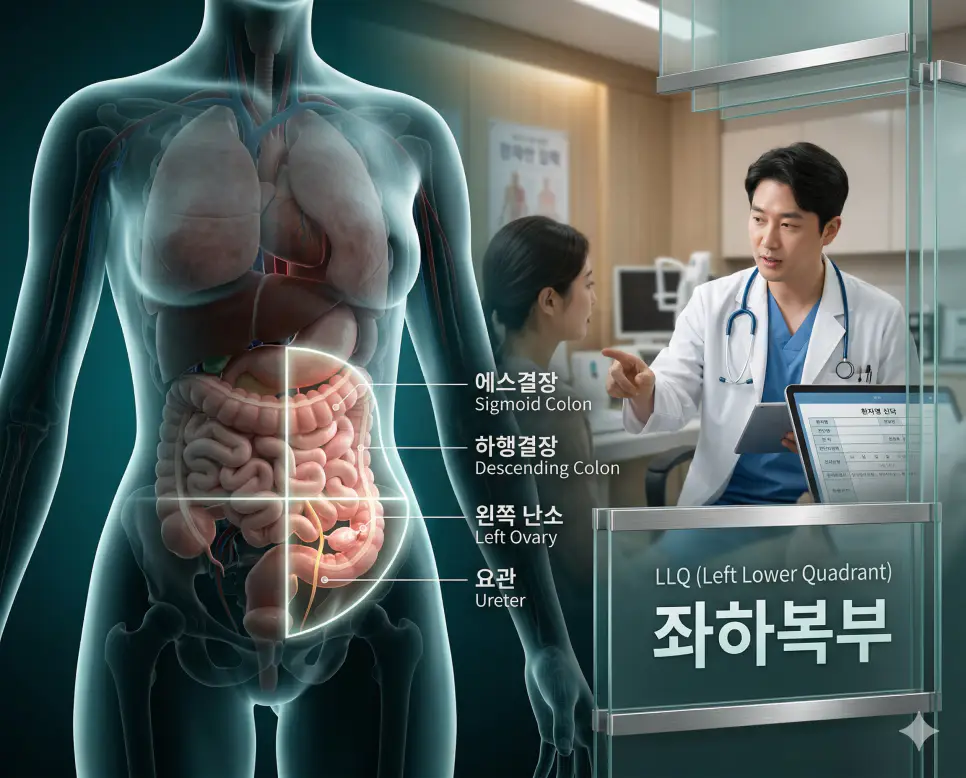 의학용어 LLQ(좌하복부) 구역을 해부학적으로 시각화하고 에스결장, 하행결장, 왼쪽 난소 등 해당 부위에 위치한 주요 장기들과의 관계를 보여주는 의료 이미지