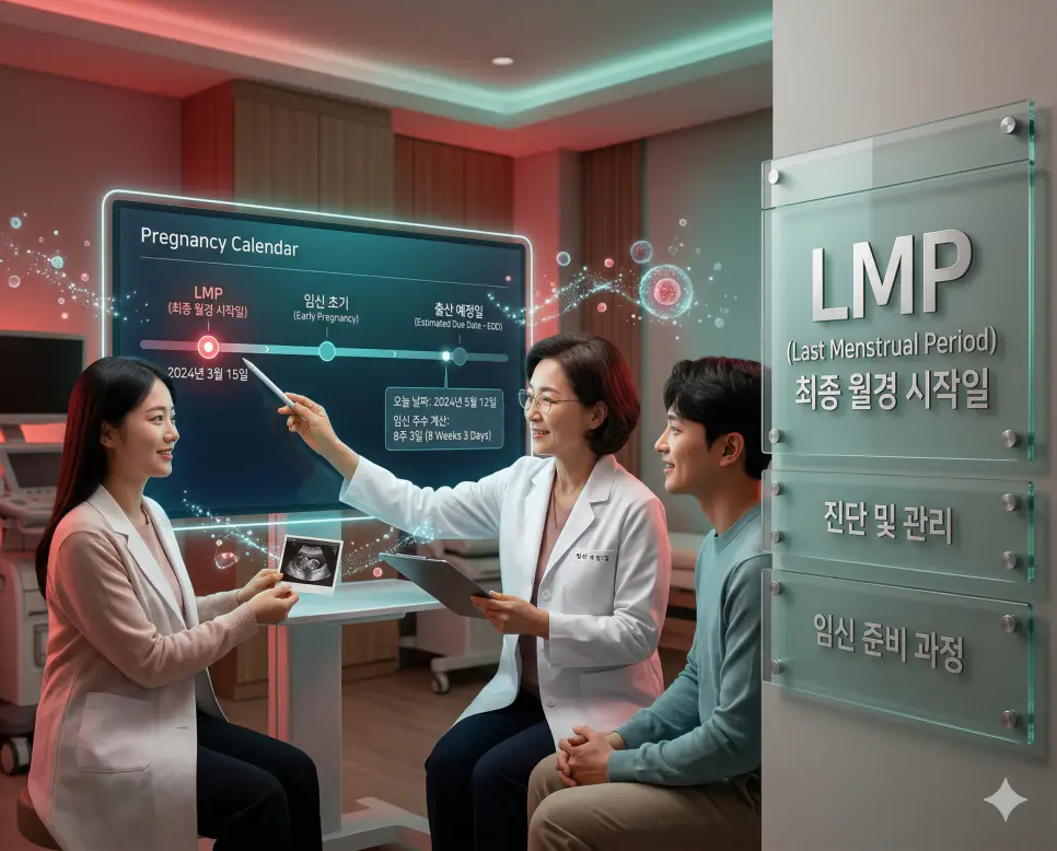 의학용어 LMP(최종 월경 시작일)를 기준으로 임신 주수를 계산하고 산부인과적 진단의 표준 기점으로 활용하는 과정을 디지털 캘린더와 함께 시각화한 이미지