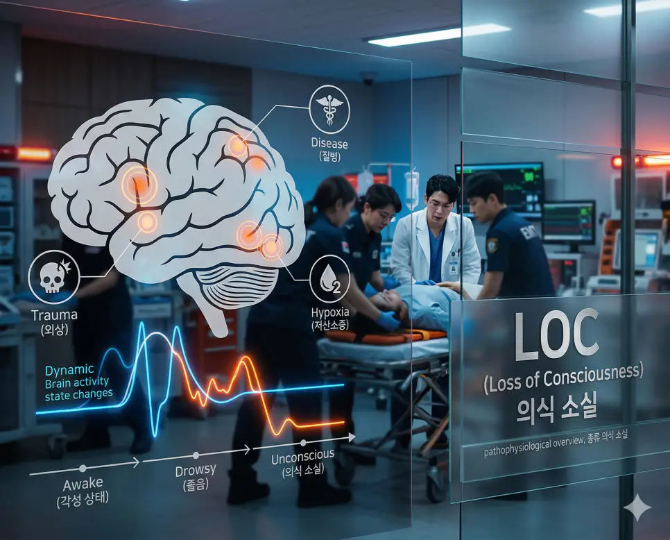 의학용어 LOC(의식 소실)로 인해 환자가 외상이나 질병, 저산소증으로 주변 환경 인식과 반응 능력을 잃은 상태를 뇌 기능 변화와 함께 시각화한 이미지