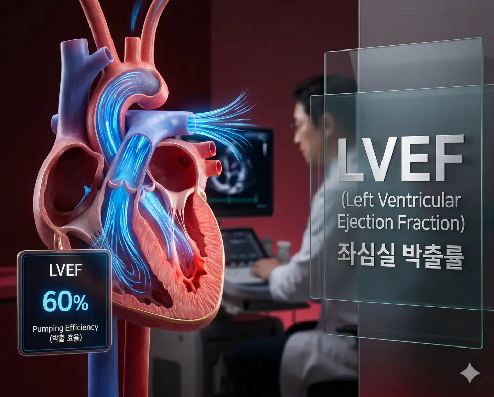 의학용어 LVEF(좌심실 박출률)를 통해 좌심실이 수축할 때 뿜어내는 혈액의 비율을 측정하여 심장의 수축 기능과 전체적인 펌프 능력을 진단하는 임상 의료 이미지