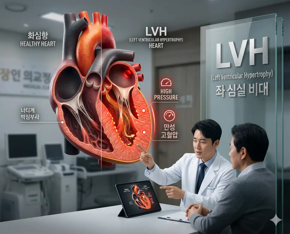 의학용어 LVH(좌심실 비대)로 인해 만성적인 고혈압 등에 대응하기 위해 좌심실 벽의 근육이 비정상적으로 두꺼워진 상태를 보여주는 해부학적 시각화 이미지