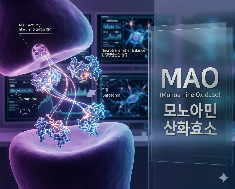 의학용어 MAO(모노아민 산화효소)가 뇌 신경세포 사이의 시냅스 공간에서 신경전달물질인 도파민과 세로토닌을 분해하여 뇌 신경 신호 전달 균형을 조절하는 병태생리 기전 시각화 이미지