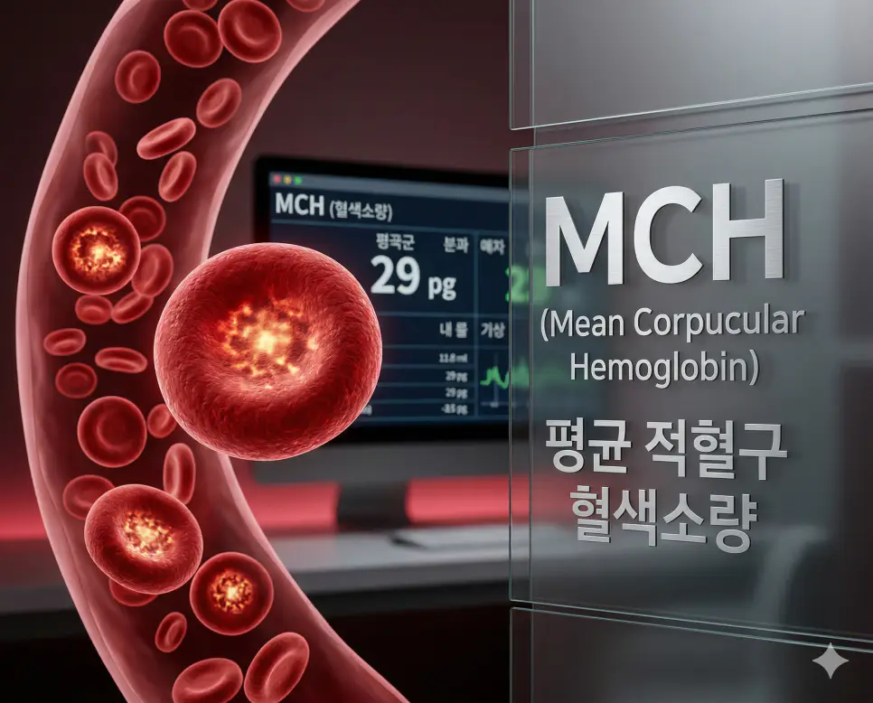 의학용어 MCH(평균 적혈구 혈색소량) 검사를 통해 개별 적혈구 한 개 내부에 포함된 평균 헤모글로빈(혈색소)의 양을 pg 단위로 측정하고 빈혈 상태를 확인하는 이미지