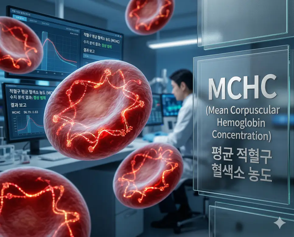 의학용어 MCHC(평균 적혈구 혈색소 농도) 지표를 통해 일정한 부피의 적혈구 안에 혈색소가 얼마나 농축되어 있는지를 퍼센트(%) 비율로 나타내고 적혈구의 질적 상태를 평가하는 시각화 이미지