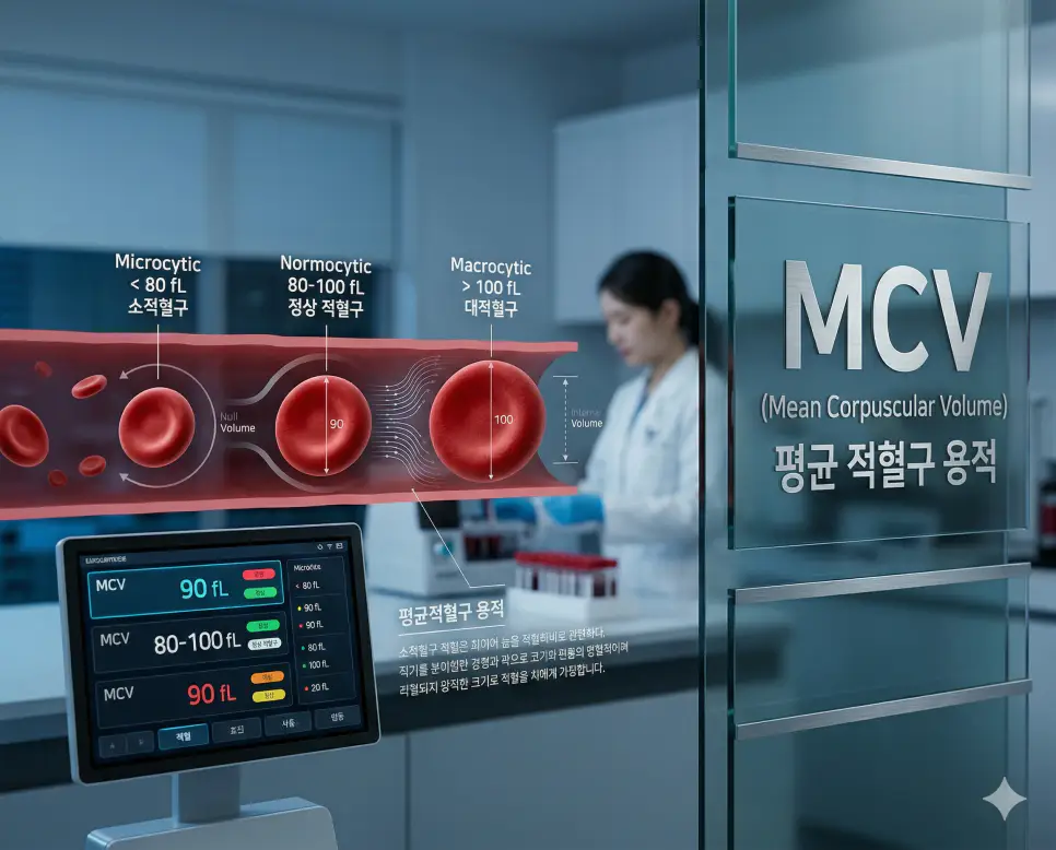 의학용어 MCV(평균 적혈구 용적) 검사를 통해 혈액 내 개별 적혈구의 평균 크기나 부피를 측정하고, 적혈구 크기에 따라 대구성, 정구성, 소구성 빈혈로 분류하는 빈혈 지표 분석 이미지