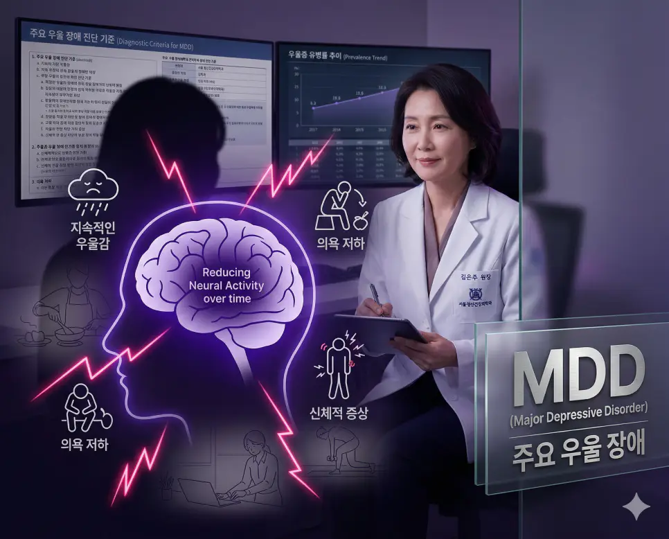 의학용어 MDD(주요 우울 장애)로 인해 환자가 2주 이상 지속되는 심각한 우울감, 의욕 저하, 신체적 증상을 겪으며 뇌 기능 변화와 함께 면밀한 정신건강의학적 진단 및 치료가 필요한 상태를 시각화한 이미지