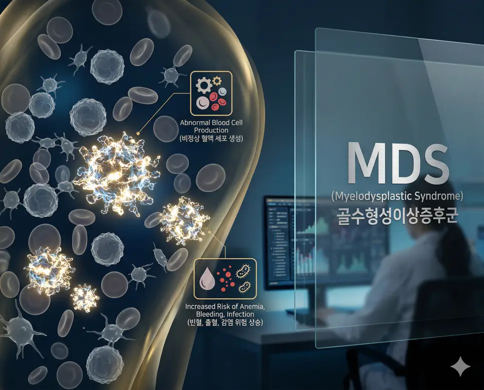 의학용어 MDI, MDS, MI 완벽 가이드 2 의학용어 MDS(골수형성이상증후군) 검사를 통해 골수 내에서 비정상적인 혈액 세포가 생성되고, 빈혈, 출혈, 감염 위험이 높아지는 만성 혈액 질환의 병태생리 기전 시각화 이미지