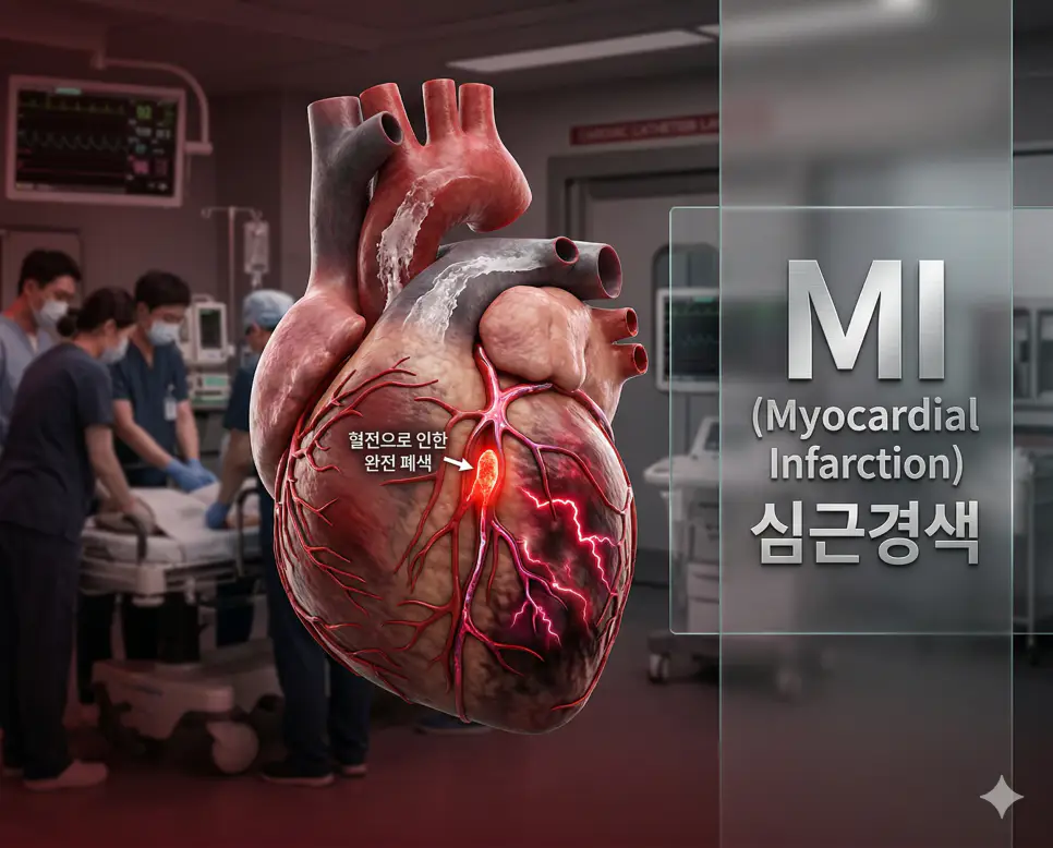 의학용어 MDI, MDS, MI 완벽 가이드 3 의학용어 MI(심근경색) 응급 상황에서 심장 근육에 혈액을 공급하는 관상동맥이 완전히 막혀 심장 근육 세포가 산소 공급 부족으로 괴사하는 병태생리 기전 시각화 이미지