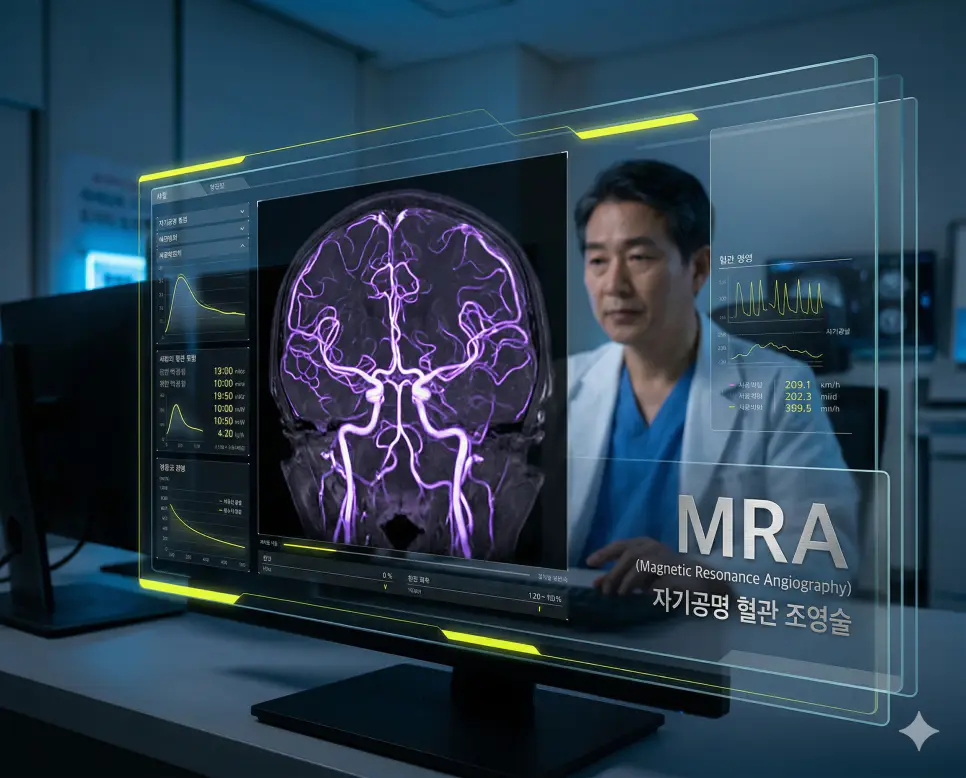의학용어 MRA(자기공명 혈관 조영술) 검사를 통해 뇌 혈관의 구조와 혈류 상태를 조영제 없이 정밀하게 시각화하고 혈류 속도와 압력 데이터를 분석하는 이미지